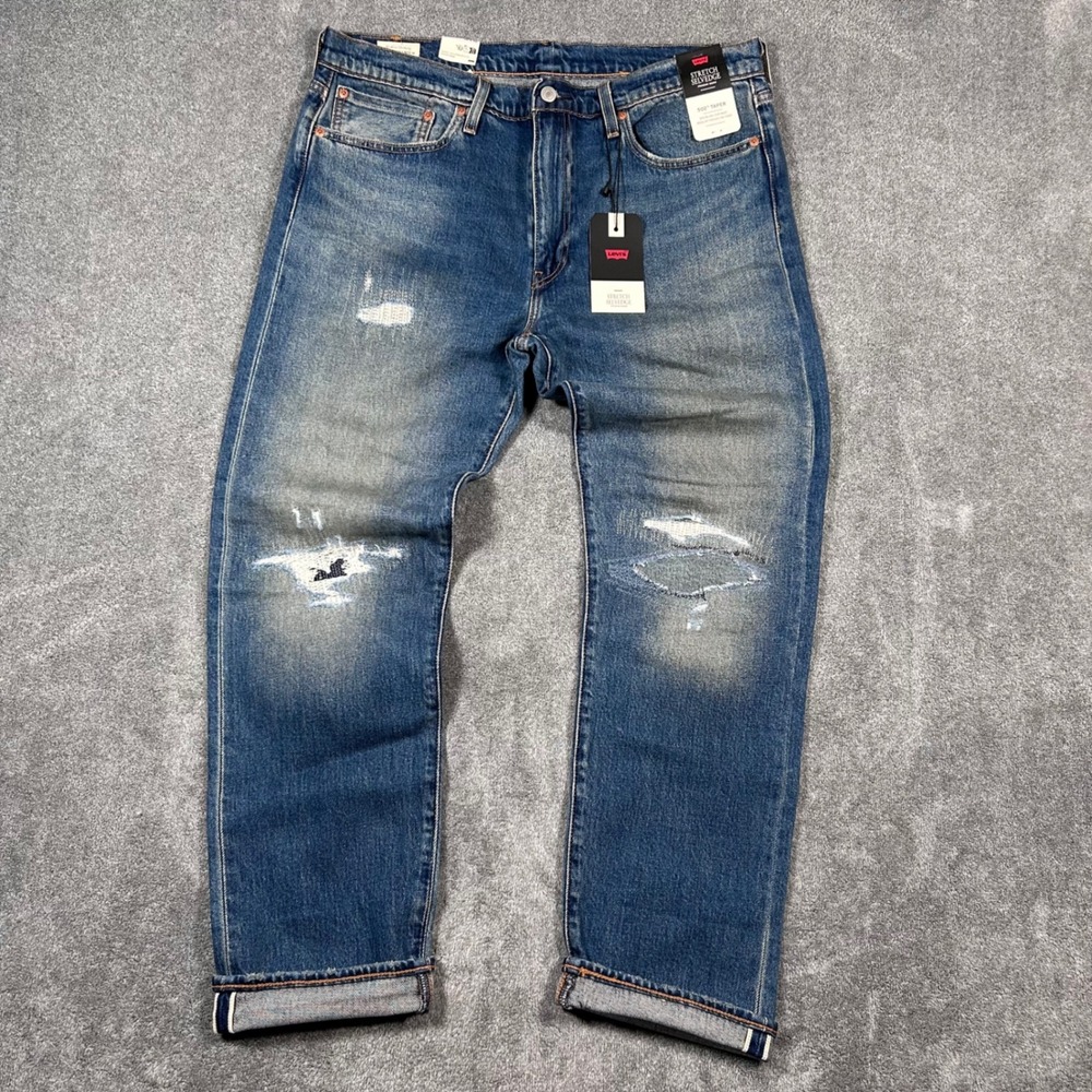 Levis 502 Jeans Selvedge Big E Red Line 36x32 Stretch Premium Distressed NWT